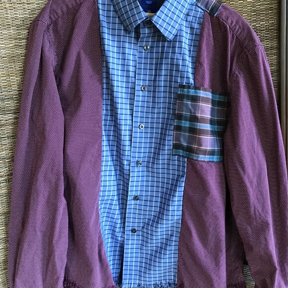 Upcycled Patchwork Button-Down Shirt, Size M-L: Boho Blue Purple Polka Dot Top - Picture 7 of 15